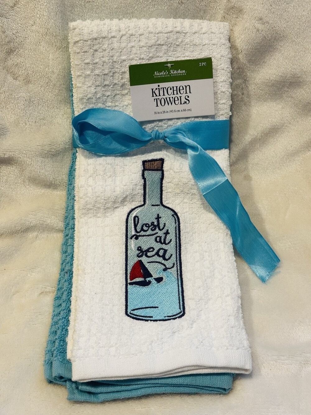 Nicole’s Kitchen Towels Waffle Texture Embroidered Lost At Sea Bottle White Blue